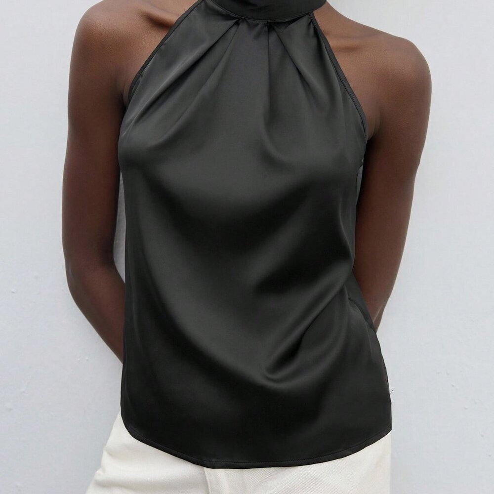 Black Elegant Women's Tie Back Satin Halter Neck Blouse Workwear